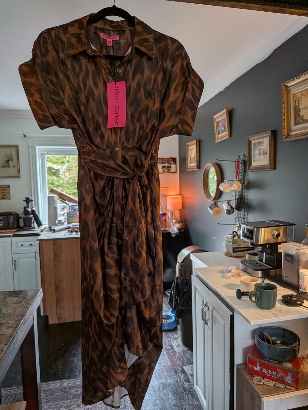 NWT* Betsey Johnson Ruched Button-Down Animal Print Hi Lo Belted Gown Size Small - Picture 12 of 16